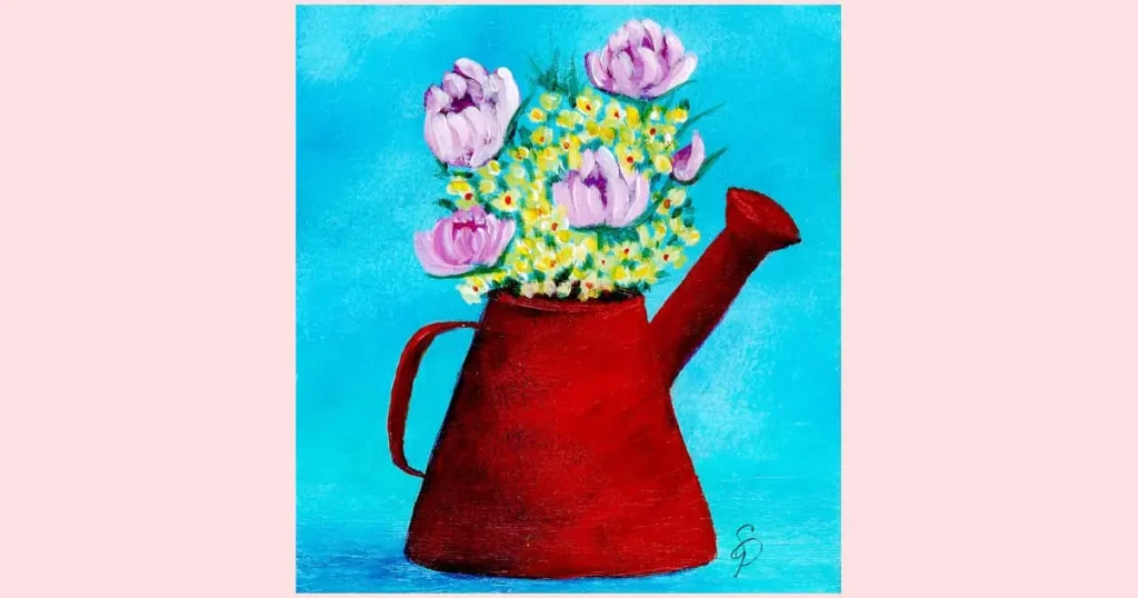 A painting of a bright red watering can against a bright blue background. The watering can is filled with pink, yellow, and white flowers. Original acrylic painting by Sara Dorey