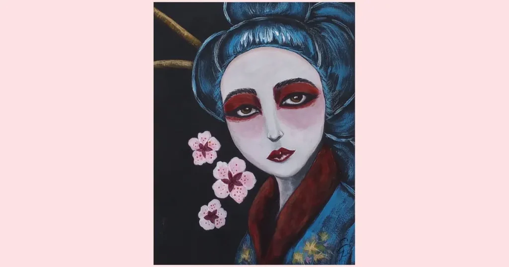 A Geisha wearing a blue kimono with a red neck sash against a black background. Painting by Sara Dorey.
