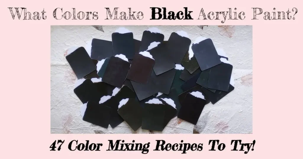 A bunch of black acrylic paint chips scattered on a white background showing 47 examples of what colors make black.