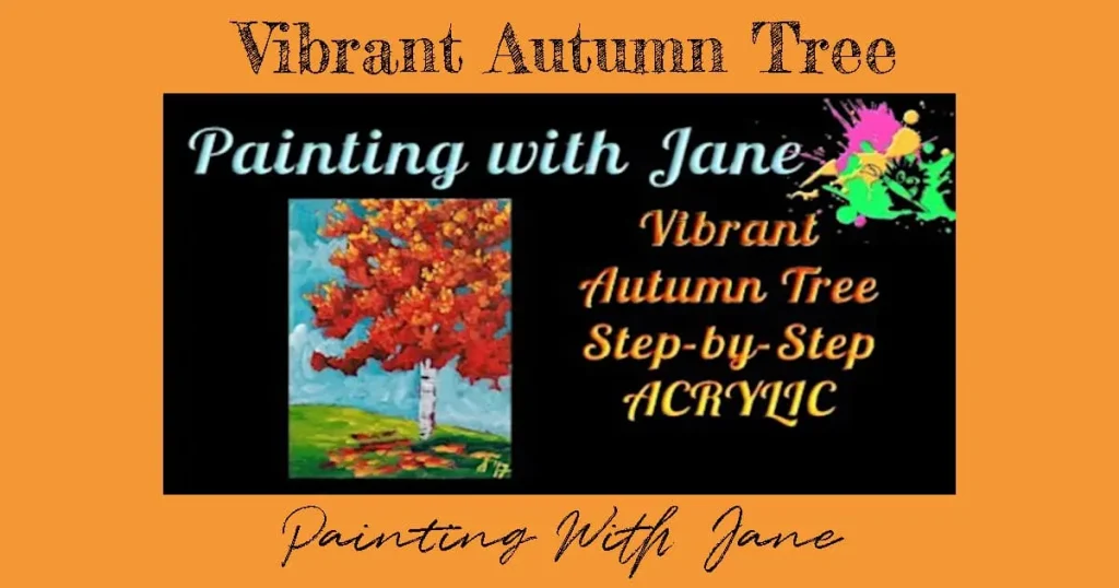 An easy fall painting idea of a bright orange, red, and yellow tree on a sky blue background. Painting tutorial by Painting with Jane.