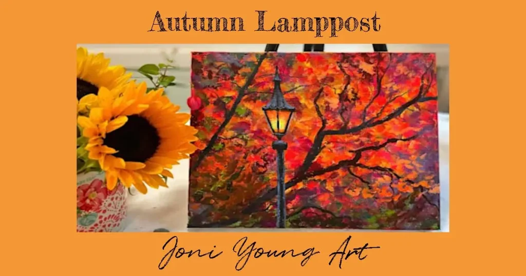 A painting tutorial by Joni Young Art on YouTube. This tutorial features a frosty lamppost with a brightly colored fall tree in the background.