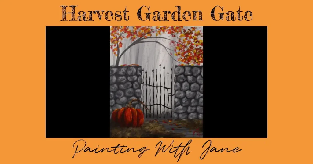 A Painting tutorial of a misty forest and a tree filled with red, orange, and yellow trees, behind a tall rock wall with an old iron gate. Sitting just outside of the gate, on the dried grass, is a large dark orange pumpkin. This is another Painting with Jane YouTube tutorial that makes it onto our list of easy fall painting ideas.