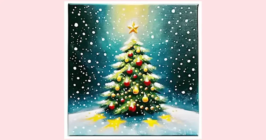 A Christmas tree at night with snow gently falling, a bright star on top, ornaments, and stars on the snow. A painting tutorial by The Art Sherpa.