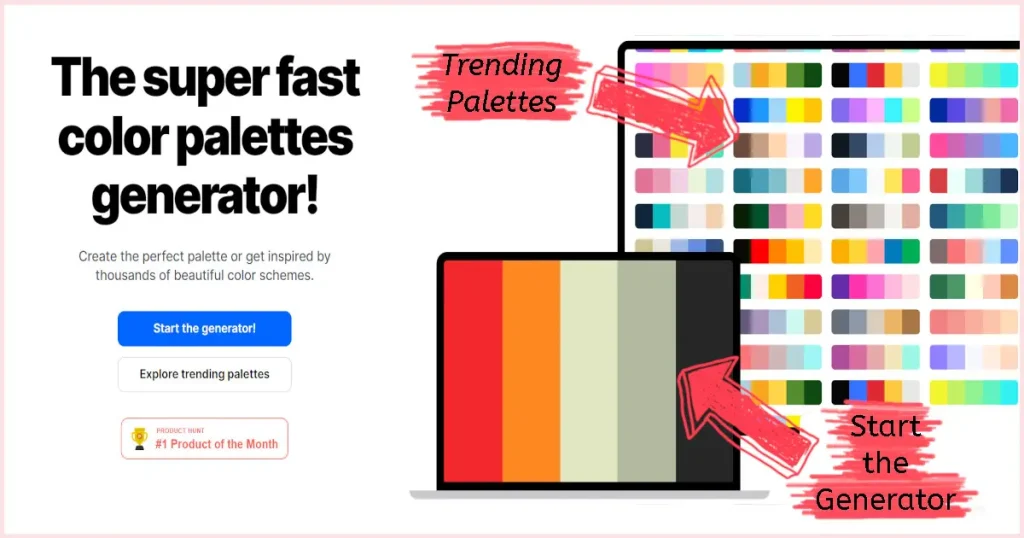 The homepage of Coolors website. It shows you what it looks like if you click on the "explore trending palettes" button and also shows you what you'll see if you click on the "start the generator" button.
