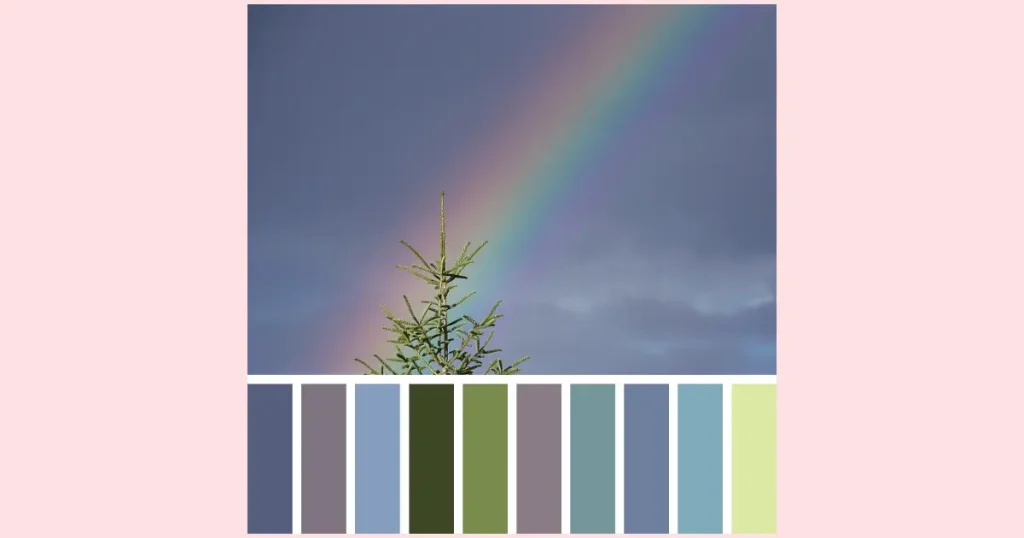 A pale rainbow stretching across a dark purple bruised sky and behind the top of a fir tree that's illuminated by the sun. Underneath is a ten color palette featuring colors found within the photo.