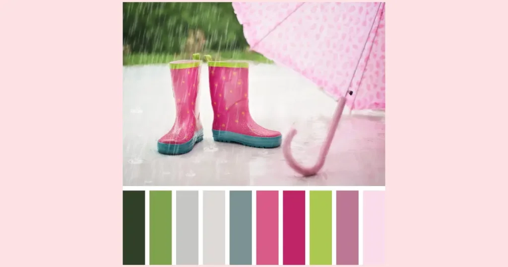 Pink rainboots and a pink umbrella on a white concrete slab with rain falling. A color palette with ten color choices from the image.