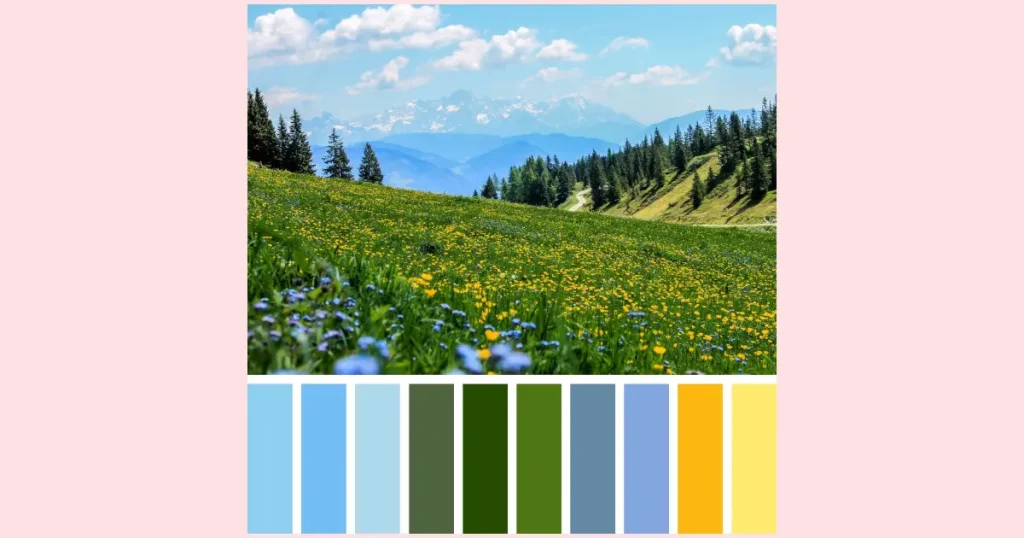 A mountain side meadow, filled with yellow and blue flowers, on a sunny day with white fluffy clouds. Beneath the photo is a 10 color palette chosen from the image.