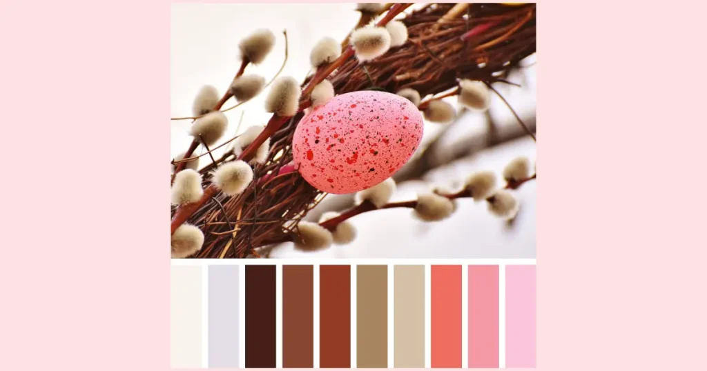 A pink egg, speckled with red, tucked amidst a pussy willow branch. The color palette below features ten colors taken from the photo.