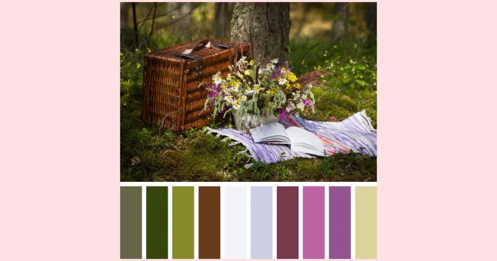 A forest picnic scene featuring a dark brown picnic basket, an open book, and a bouquet of wildflowers sitting on top of a white and blue striped blanket. Below the photo is a palette featuring ten colors chosen from the image.