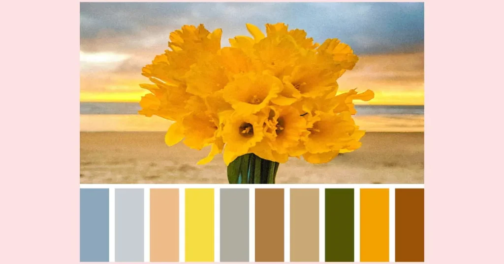 A bouquet of yellow daffodils with a dramatic sunset sky, ocean, and beach in the background. Under the photo is a color palette made from colors in the image.