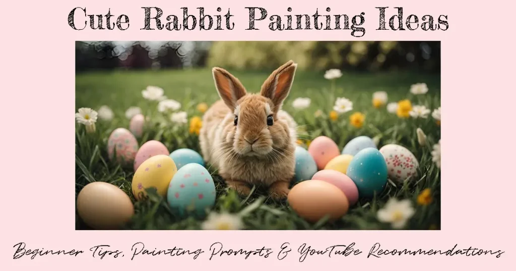 A brown bunny laying down on the grass with white daisies in the background and surrounded by eggs in different colors. Text reads "Cute Rabbit Painting Ideas: Beginner Tips, Painting Prompts and YouTube Recommendations"