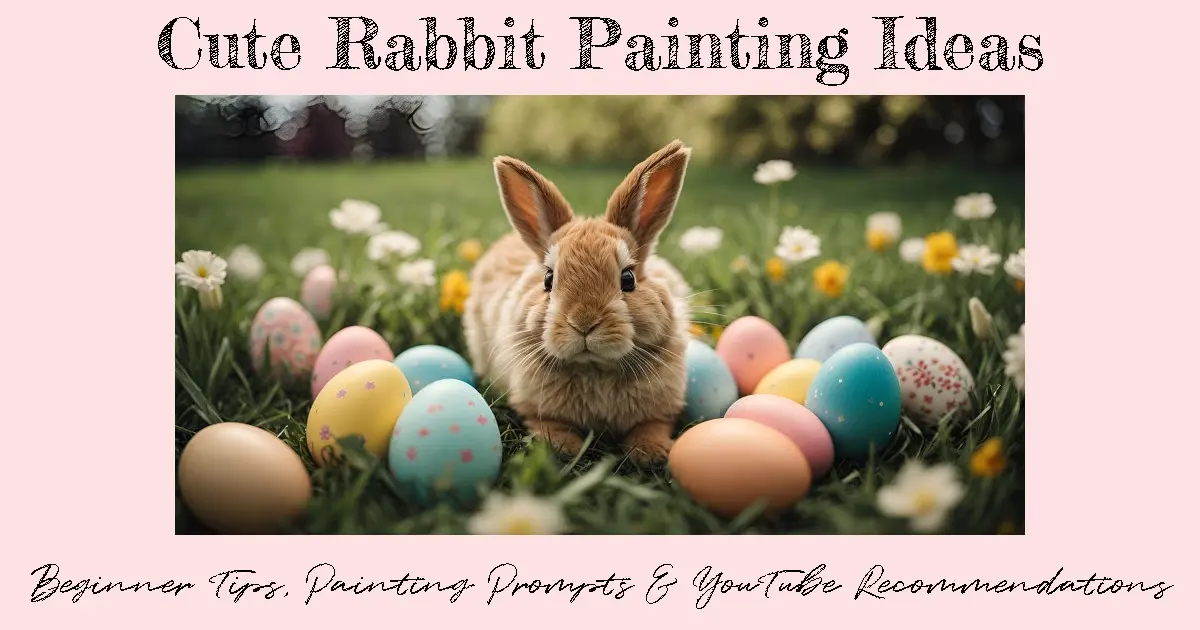 A brown bunny laying down on the grass with white daisies in the background and surrounded by eggs in different colors. Text reads "Cute Rabbit Painting Ideas: Beginner Tips, Painting Prompts and YouTube Recommendations"