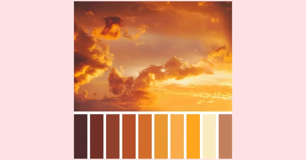 A golden toned sunset sky with fluffy clouds and a color chip palette along the bottom showing some of the colors taken from the photo.