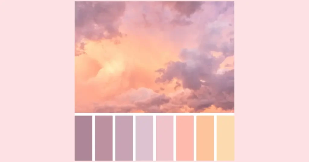 A beautiful pastel sky filled with pale purple, peach, pink, and yellow clouds. Underneath is a color chip palette made up of colors from the photo.