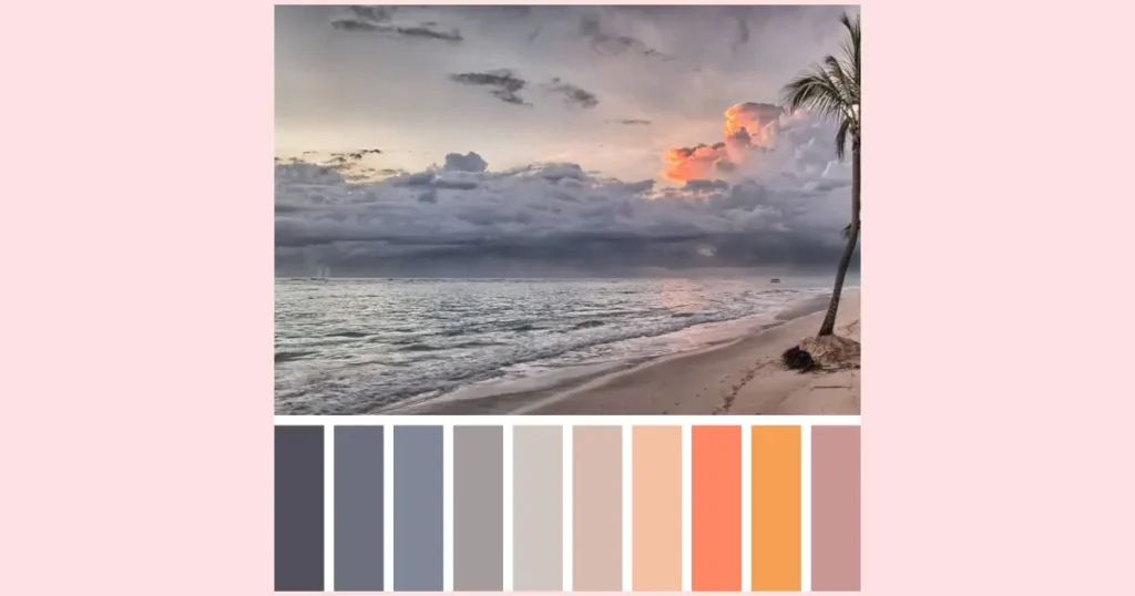 A tropical beach at sunset with a sky filled with greyish blue clouds. Underneath the image is a color collage with colors picked from the photo.