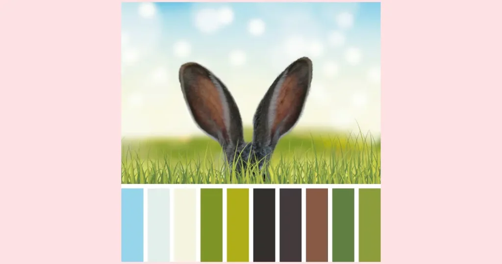 A pair of brown bunny ears poking out from the green grass. Beneath the photo is a row of colors that were curated from the image. This is a very beginner friendly option in this list of easy rabbit painting ideas.