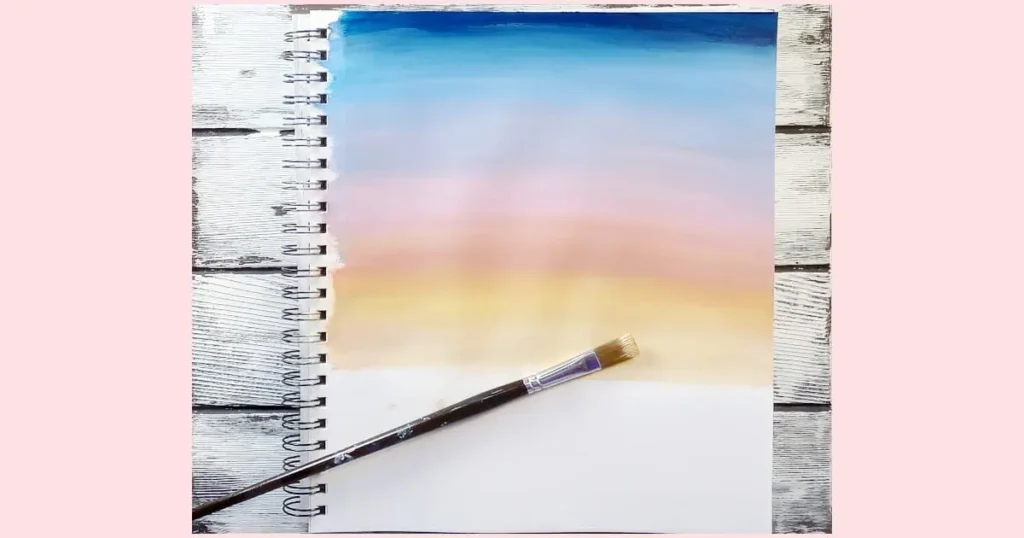 The beginning sky for a tutorial on line in art. This step shows horizontal paint strokes in dark blue, light blue, purple, pink, peach, and yellow to represent the sunset sky. The bottom part of the painting is blank.