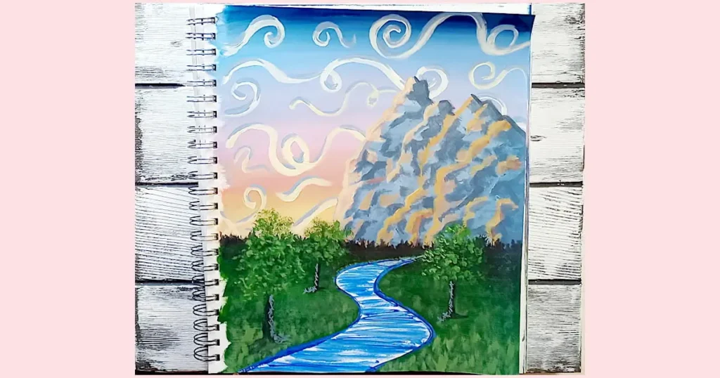 Adding a few foreground trees to the painting. In this step, we work on the trunks, the foliage, and using some cross-hatching to imply highlights on the tree trunks.