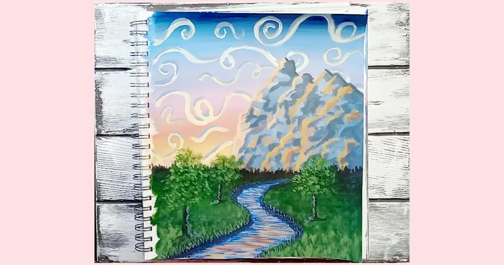 The last step of the line in art tutorial for beginners has us finishing up the riverbanks, adding some long grass along the banks, and add more jagged horizontal lines in the river. This time, we're concentrating on adding reflection lines so we add pinks, yellows, and oranges to the river water.