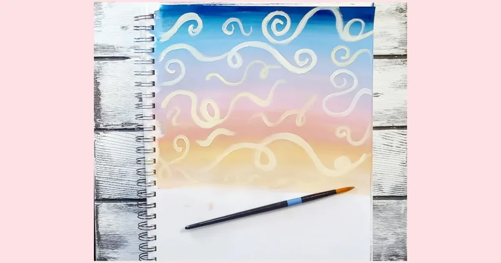 The sunset sky filled with swirls of light yellow paint to represent clouds.