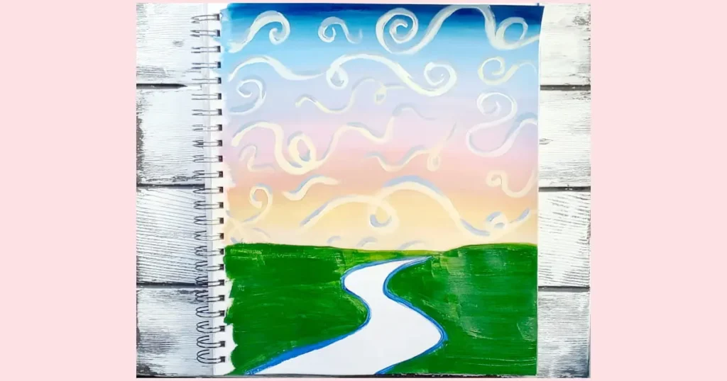 The next step in the line in art tutorial is to paint the green meadow and sketch the s-curve of the river using dark blue paint.