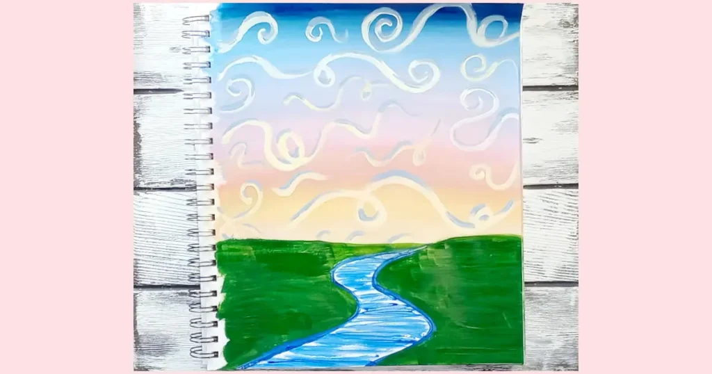The s-curved river with short jagged blue horizontal lines added to it.