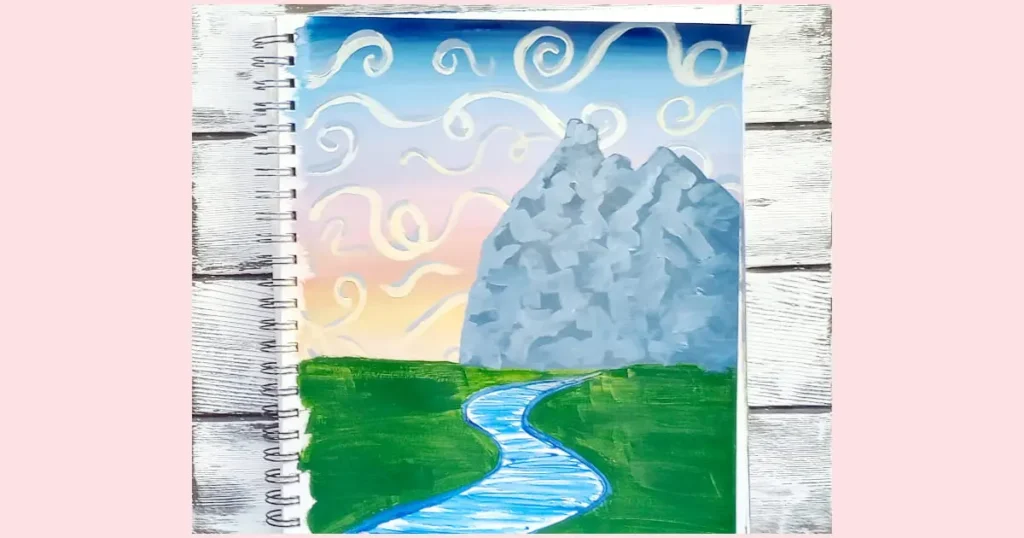 The painting with the underpainting of a mountain range added to the right-hand side.