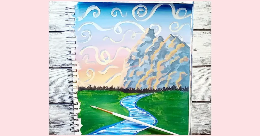 The painting with a distant line of impressionistic trees.