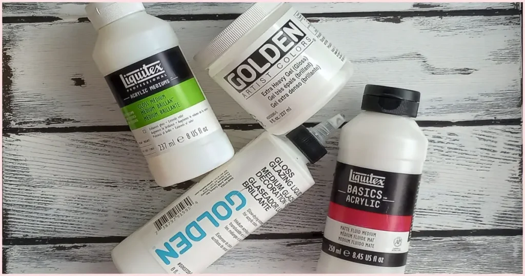 My four favorite acrylic mediums - Matte medium, Gloss medium, Extra Heavy Gel medium, and Glazing Liquid by Golden.