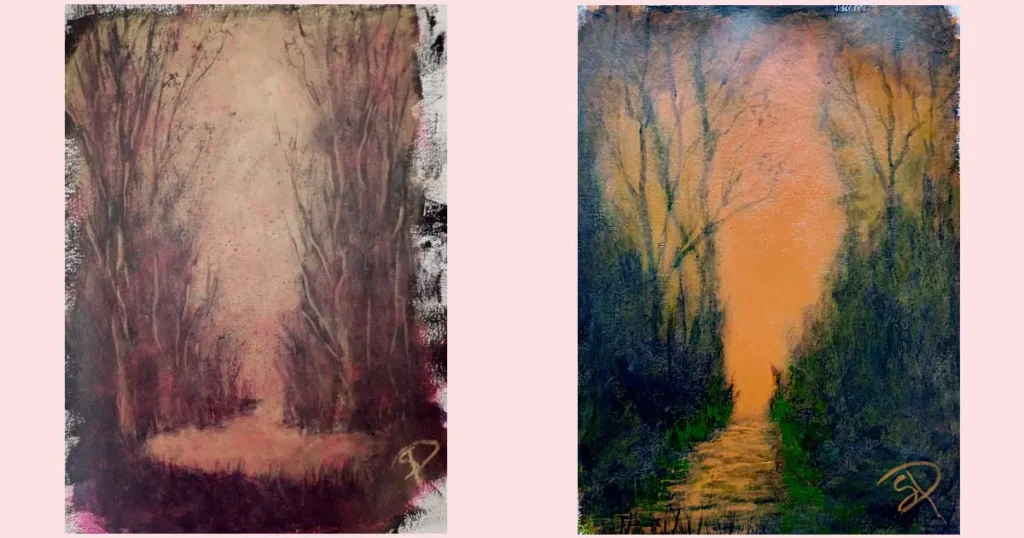 Two landscape paintings done using Matte acrylic medium, an opaque paint color, and a translucent paint color. This is a great way to practice using Matte medium in a way that leaves you with finished projects.